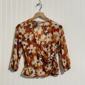 J. Jill XS Petite Cotton Silk Wrap Top Abstract Earth Tone Rust Brown 3/4 Sleeve